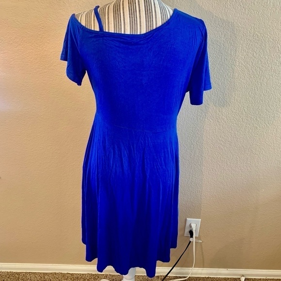 NWT Mini Dress Large Bikatu Royal Blue Animal Panel Asymmetrical Shoulders - Picture 9 of 14